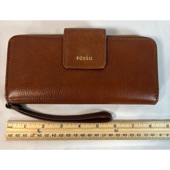 Fossil Madison Bifold Zip Brown Leather‎ Clutch Wallet with Wrist Strap~EUC - Picture 3 of 6